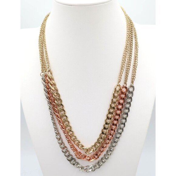 Chunky 3 Strand Curb Chain Necklace Gold Rose Gold & Silver Statement 24 Inches - Picture 1 of 7